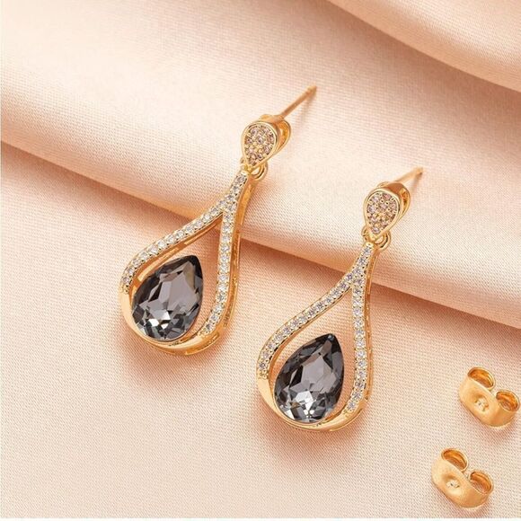 14K Yellow Gold with Charcoal Gray Austrian Crystal Halo Teardrop Post Earrings - Picture 3 of 5